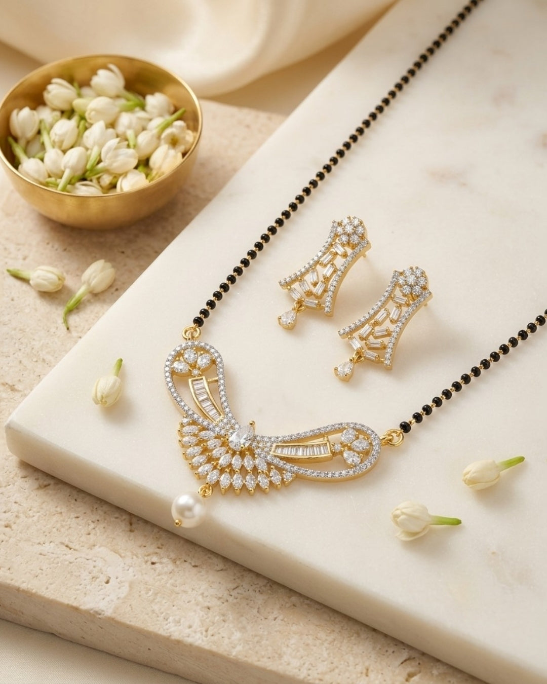 Designer American Diamond Black Beads Mangalsutra with Pearl Drop