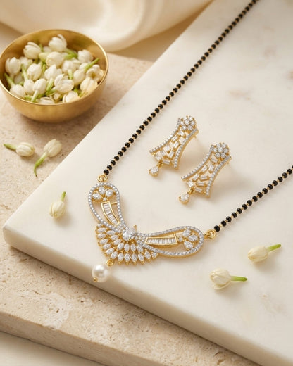 Designer American Diamond Black Beads Mangalsutra with Pearl Drop