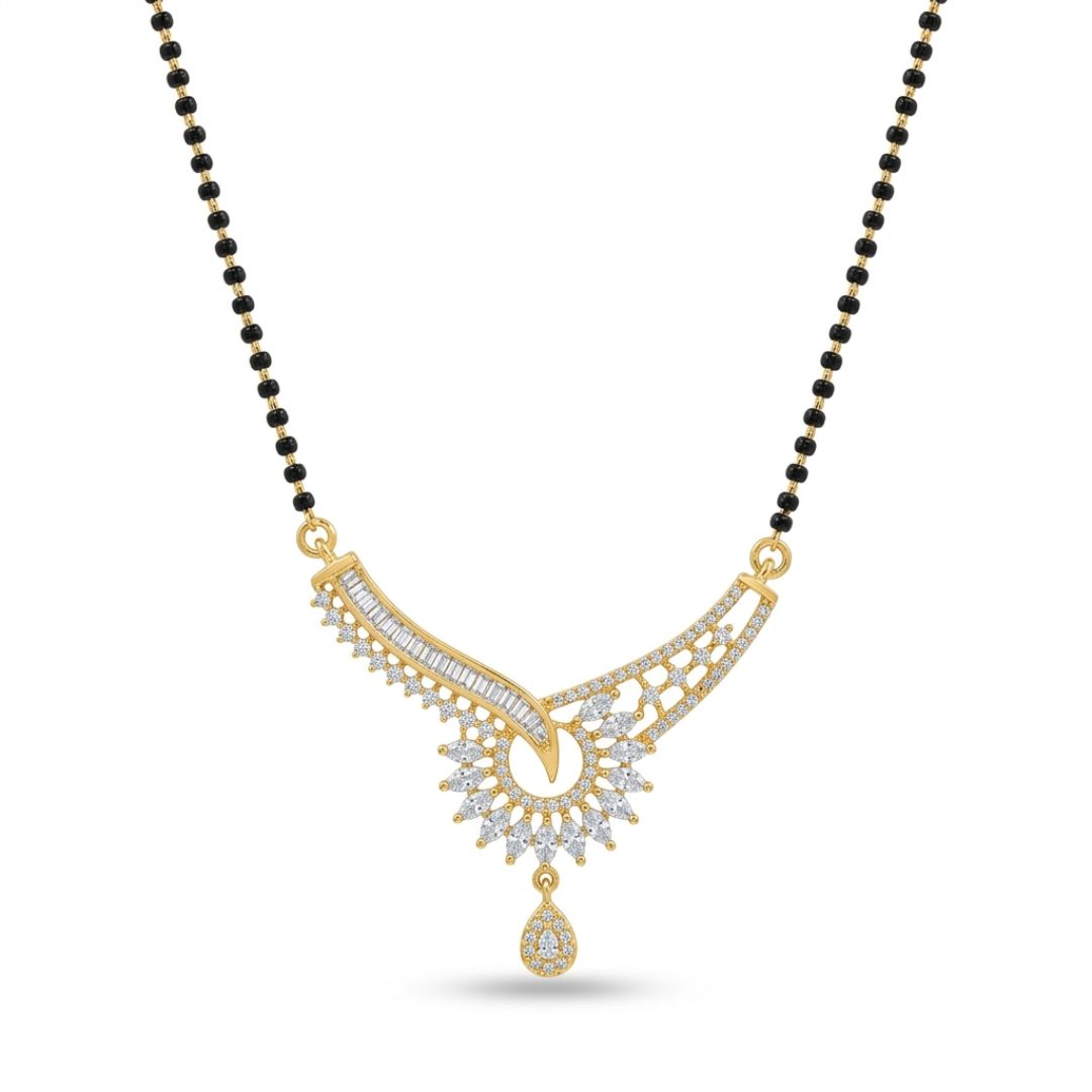 Gold mangalsutra necklace with black beads and a diamond studded pendant