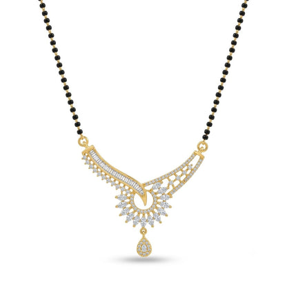 Gold mangalsutra necklace with black beads and a diamond studded pendant