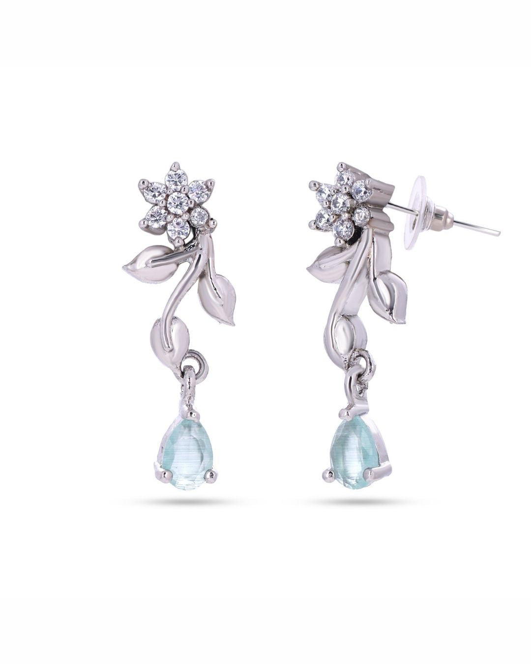 Silver Finish American Diamond Stud Earrings for Women with Blue Drop