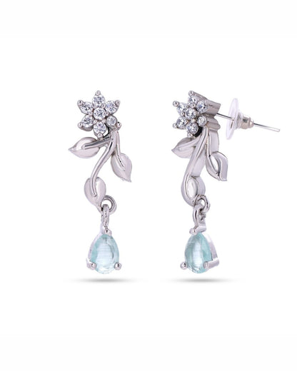 Silver Finish American Diamond Stud Earrings for Women with Blue Drop
