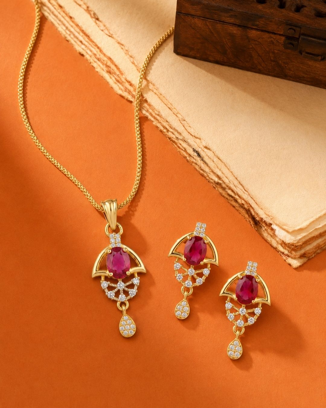 Red Halo Gold Finish Wedding Jewellery Pendant Set
