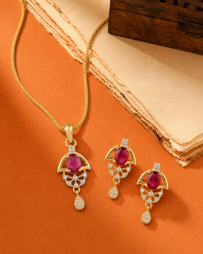 Red Halo Gold Finish Wedding Jewellery Pendant Set