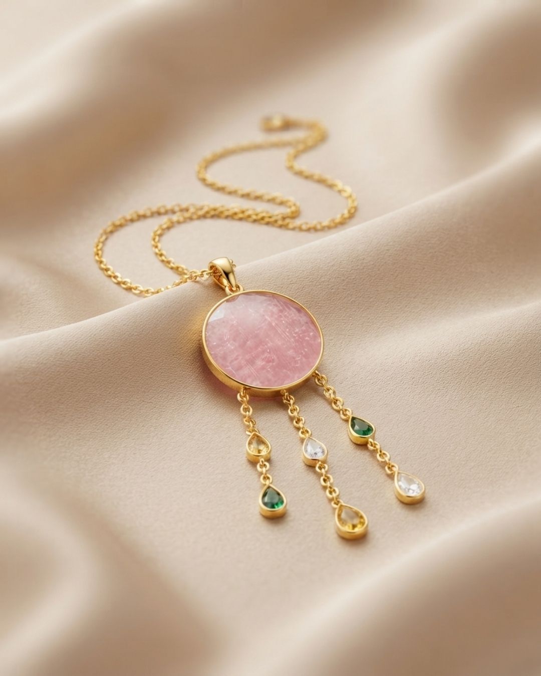 Gold Plated Pink Round Drop Pendant for Women