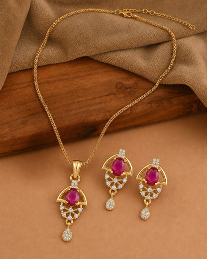 Red Halo Gold Finish Wedding Jewellery Pendant Set