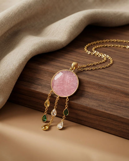 Gold Plated Pink Round Drop Pendant for Women
