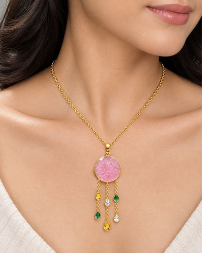 Gold Plated Pink Round Drop Pendant for Women