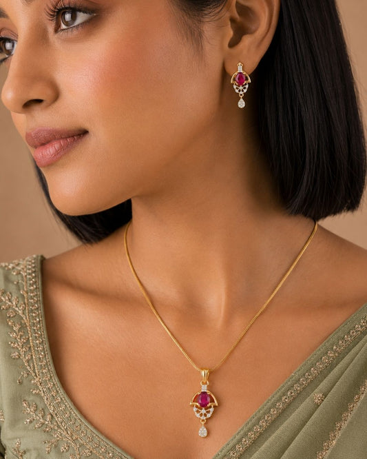 Red Halo Gold Finish Wedding Jewellery Pendant Set