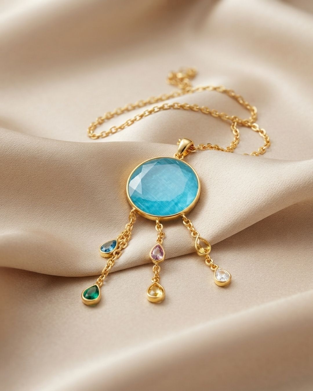 Gold Plated Blue Round Drop Pendant for Women