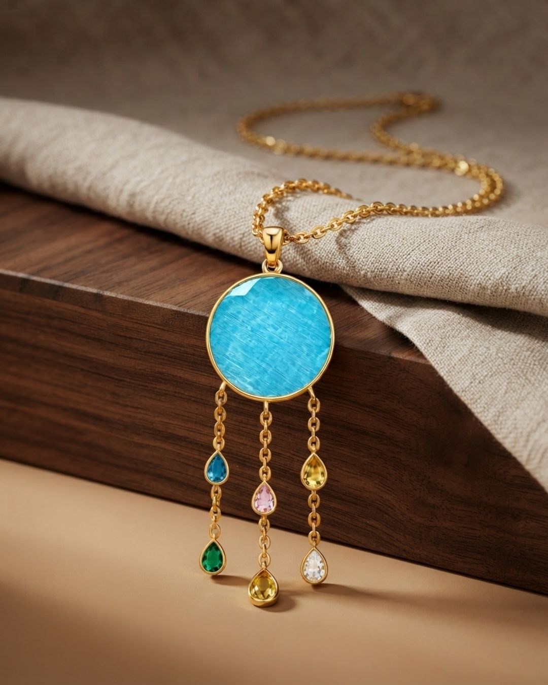 Gold Plated Blue Round Drop Pendant for Women