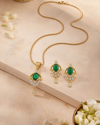 Green Halo Gold Plated Wedding Jewellery Pendant Set