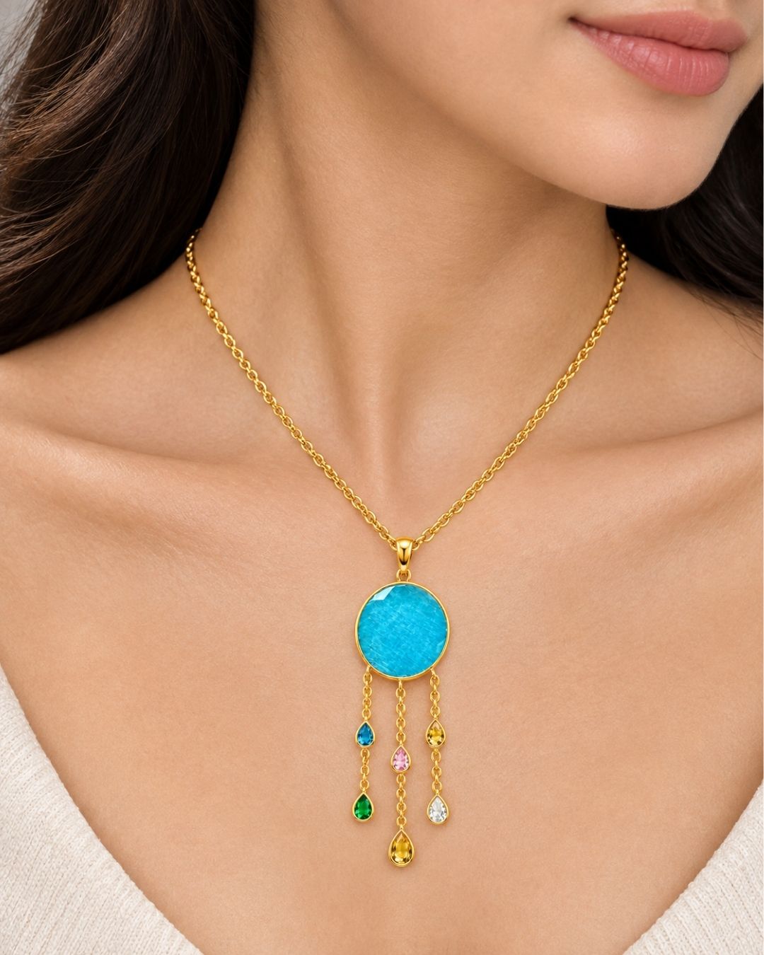 Gold Plated Blue Round Drop Pendant for Women