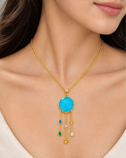 Gold Plated Blue Round Drop Pendant for Women