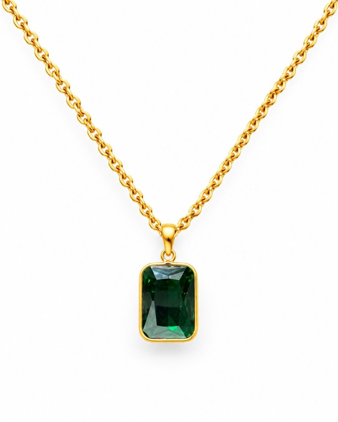Gold Plated Green Rectangular Pendant for Women