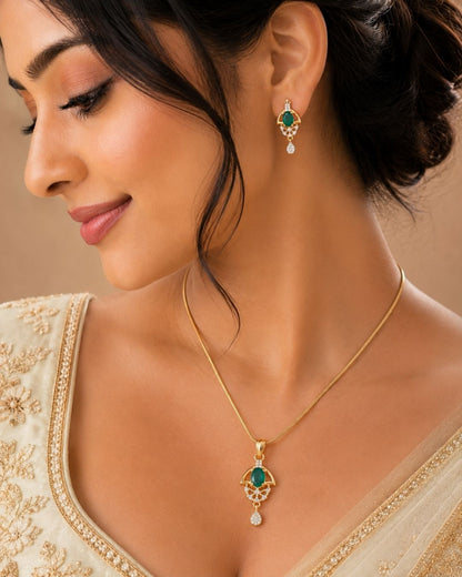 Green Halo Gold Plated Wedding Jewellery Pendant Set