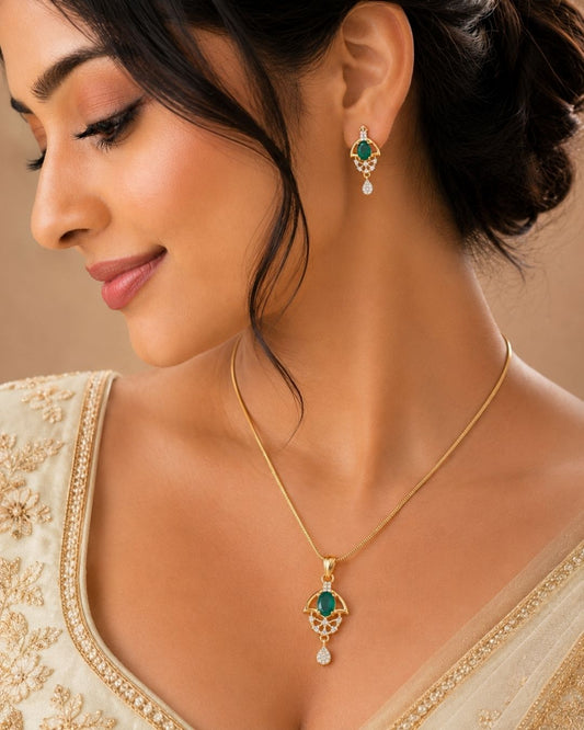 Green Halo Gold Plated Wedding Jewellery Pendant Set