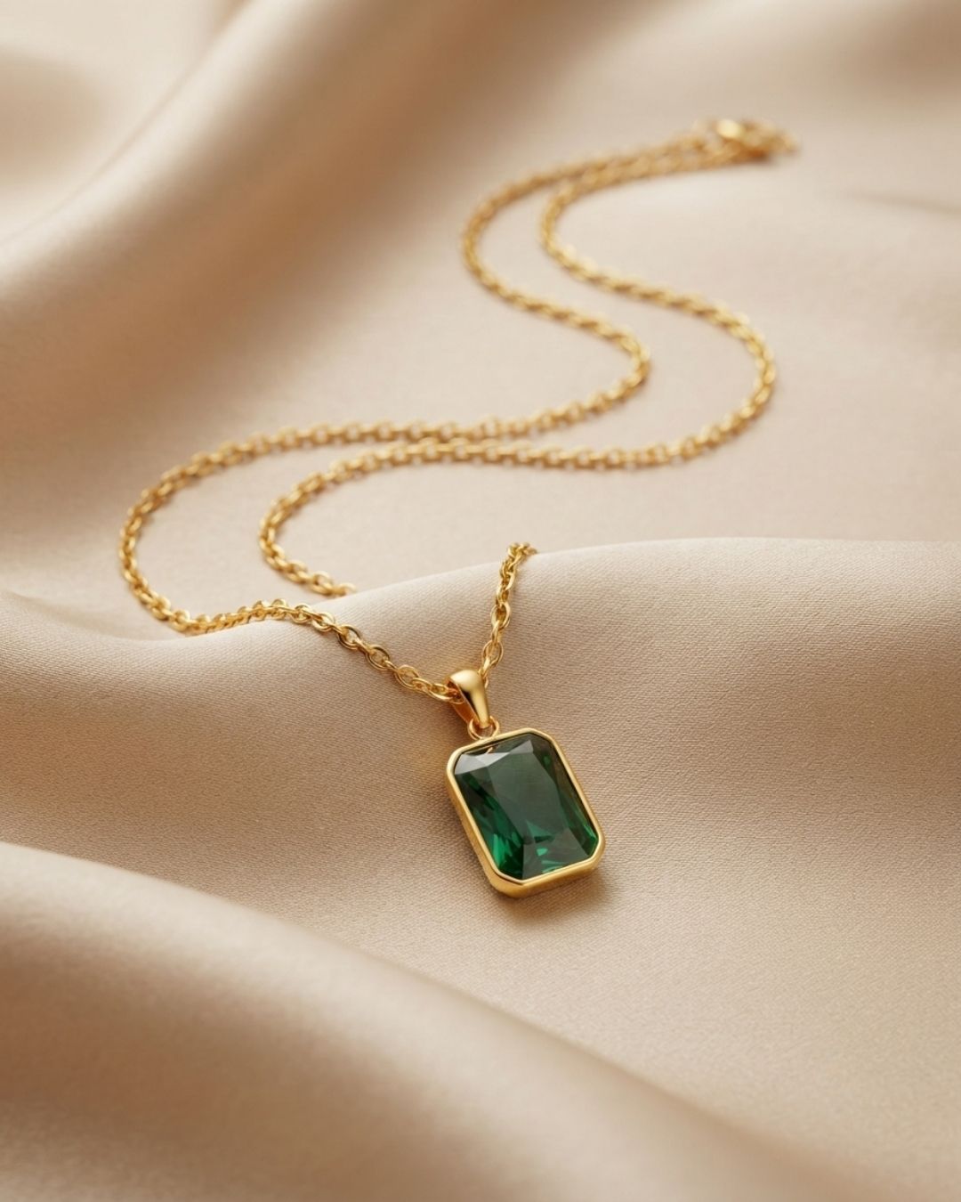 Gold Plated Green Rectangular Pendant for Women