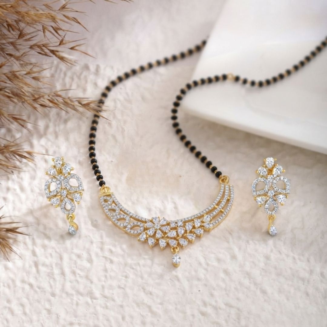 Traditional Black Beads Mangalsutra | Modern American Diamond Design