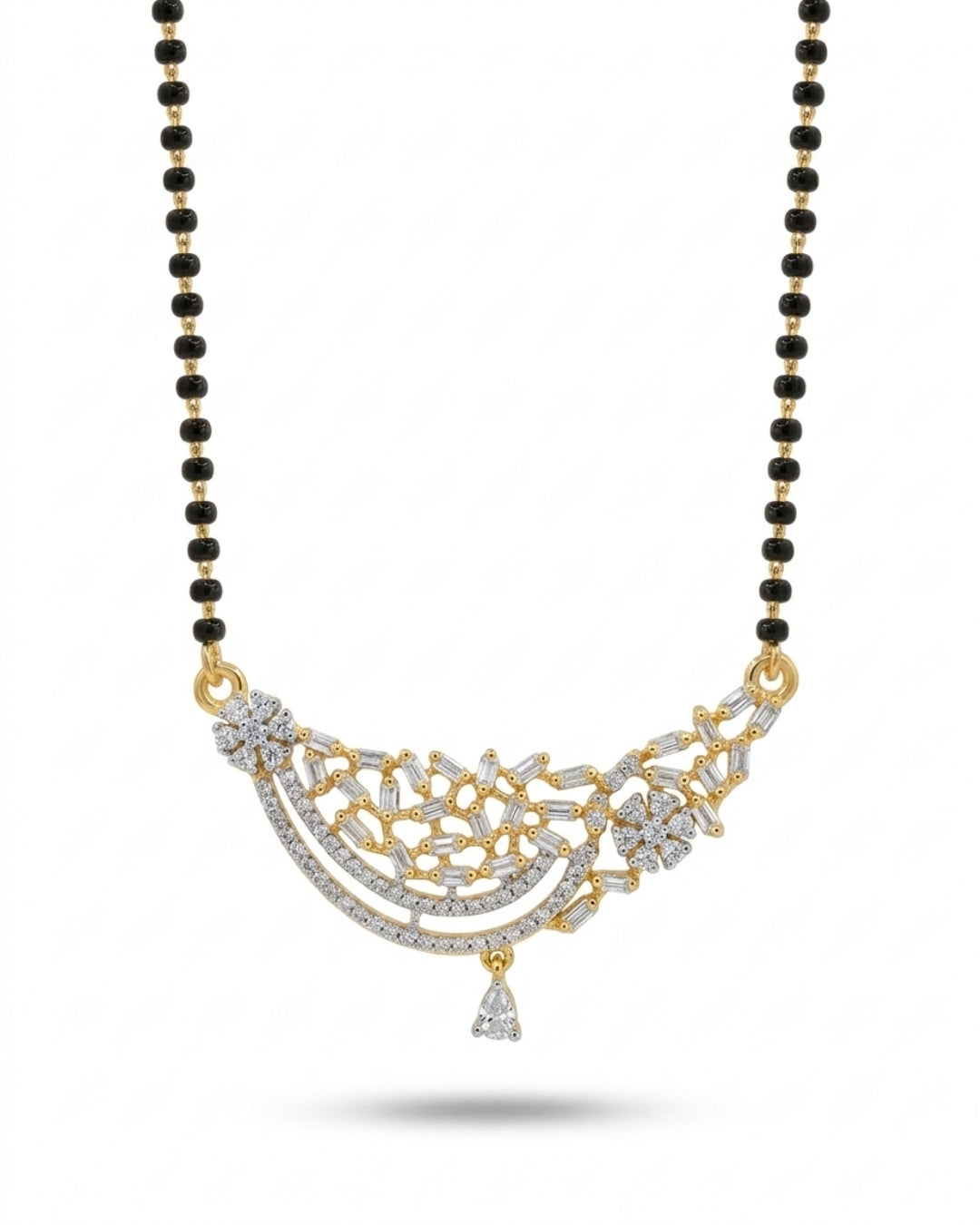 Gold Finish American Diamond Black Beads Designer Mangalsutra Set