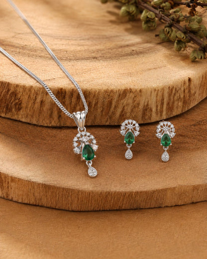 Emerald Bloom Silver Finish Wedding Jewellery Pendant Set