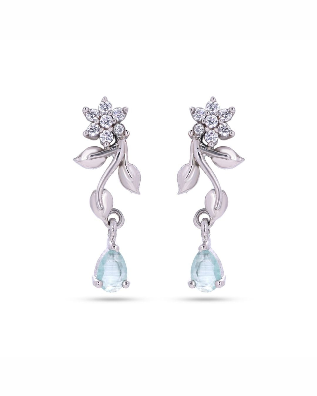 Silver Finish American Diamond Stud Earrings for Women with Blue Drop