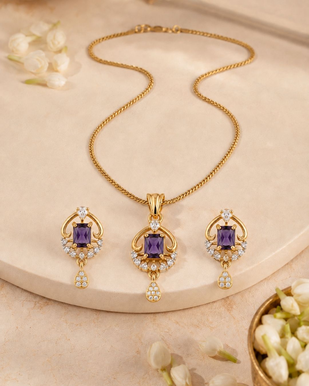 Royal Amethyst Gold Finish Party Wear Pendant Set