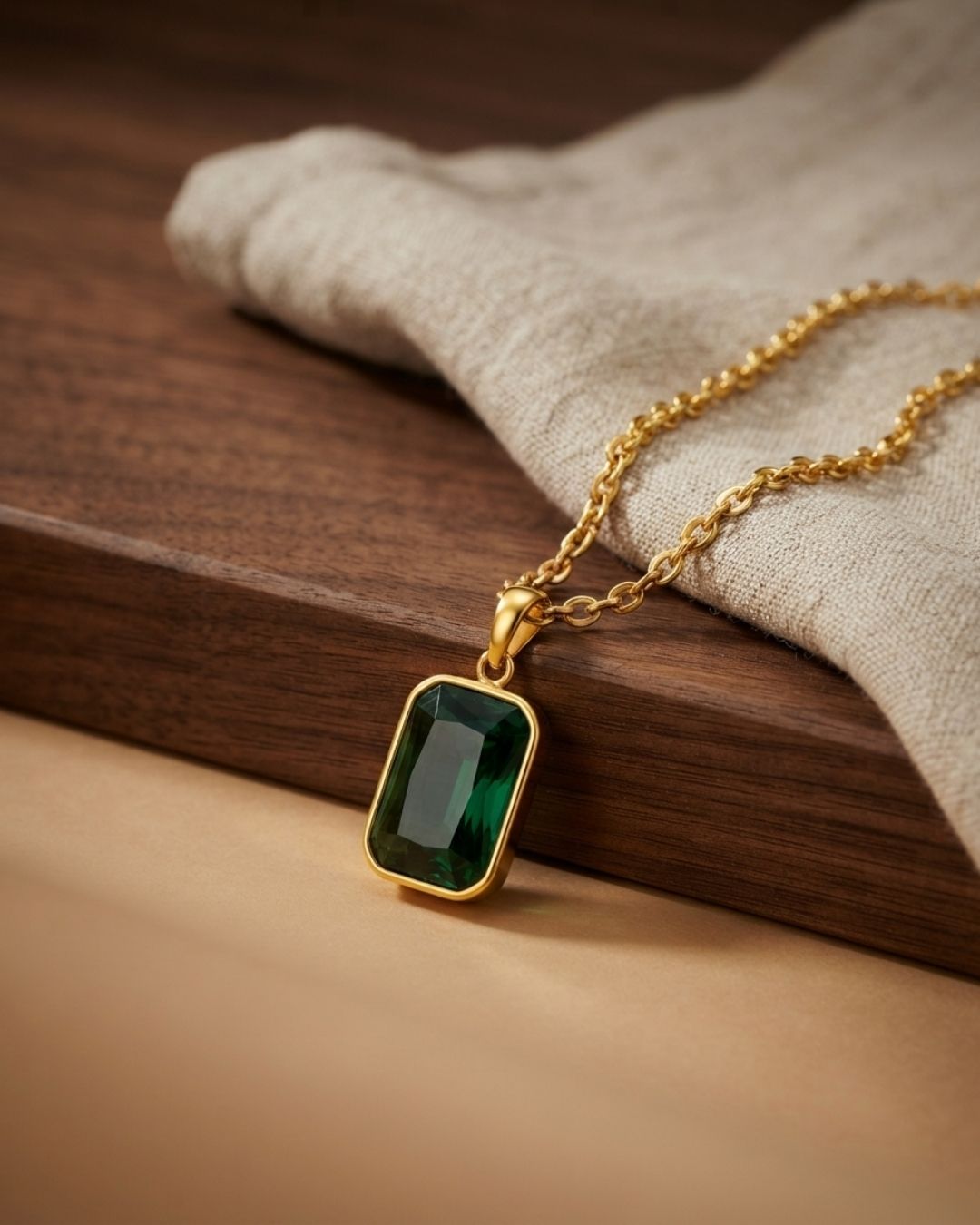 Gold Plated Green Rectangular Pendant for Women