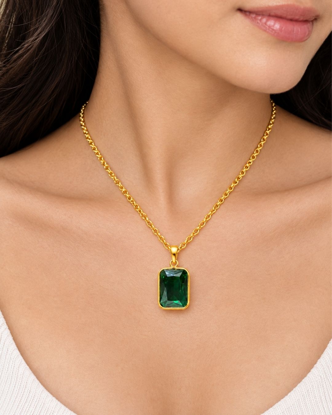 Gold Plated Green Rectangular Pendant for Women