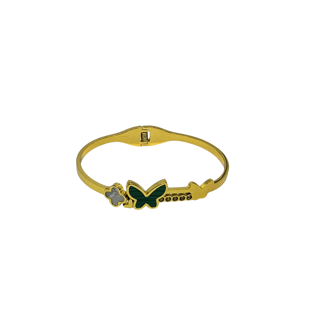 Gold Bracelet for Women with a green butterfly charm on a white background