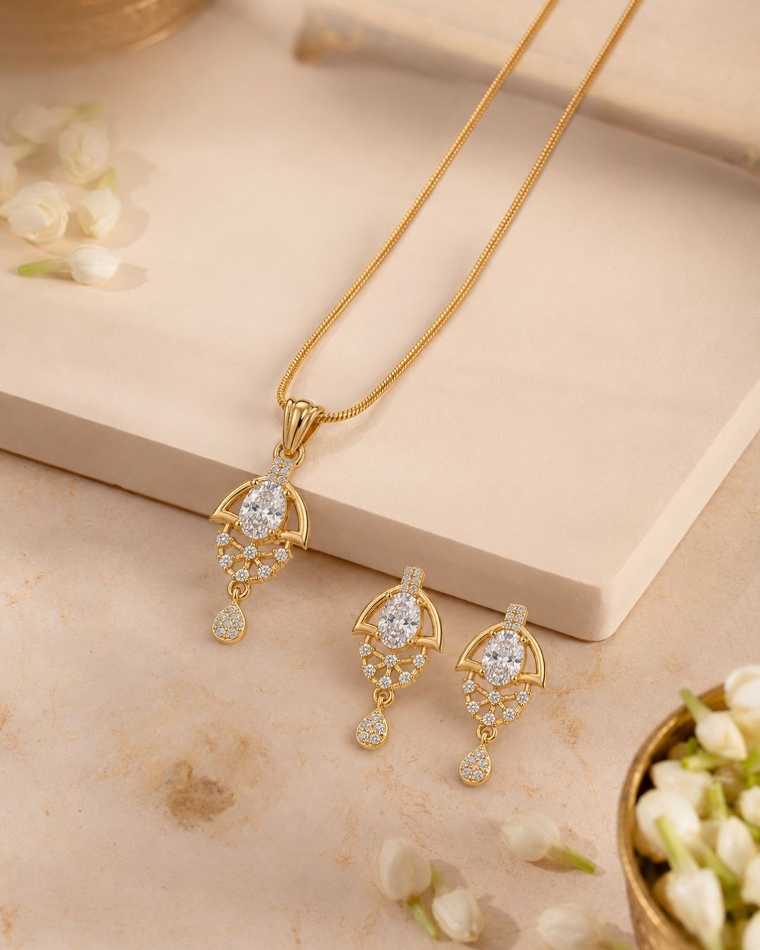 Oval Halo Gold Plated Wedding Jewellery Pendant Set