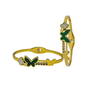 Gold Bracelet for Women with green butterfly and star designs on a white background