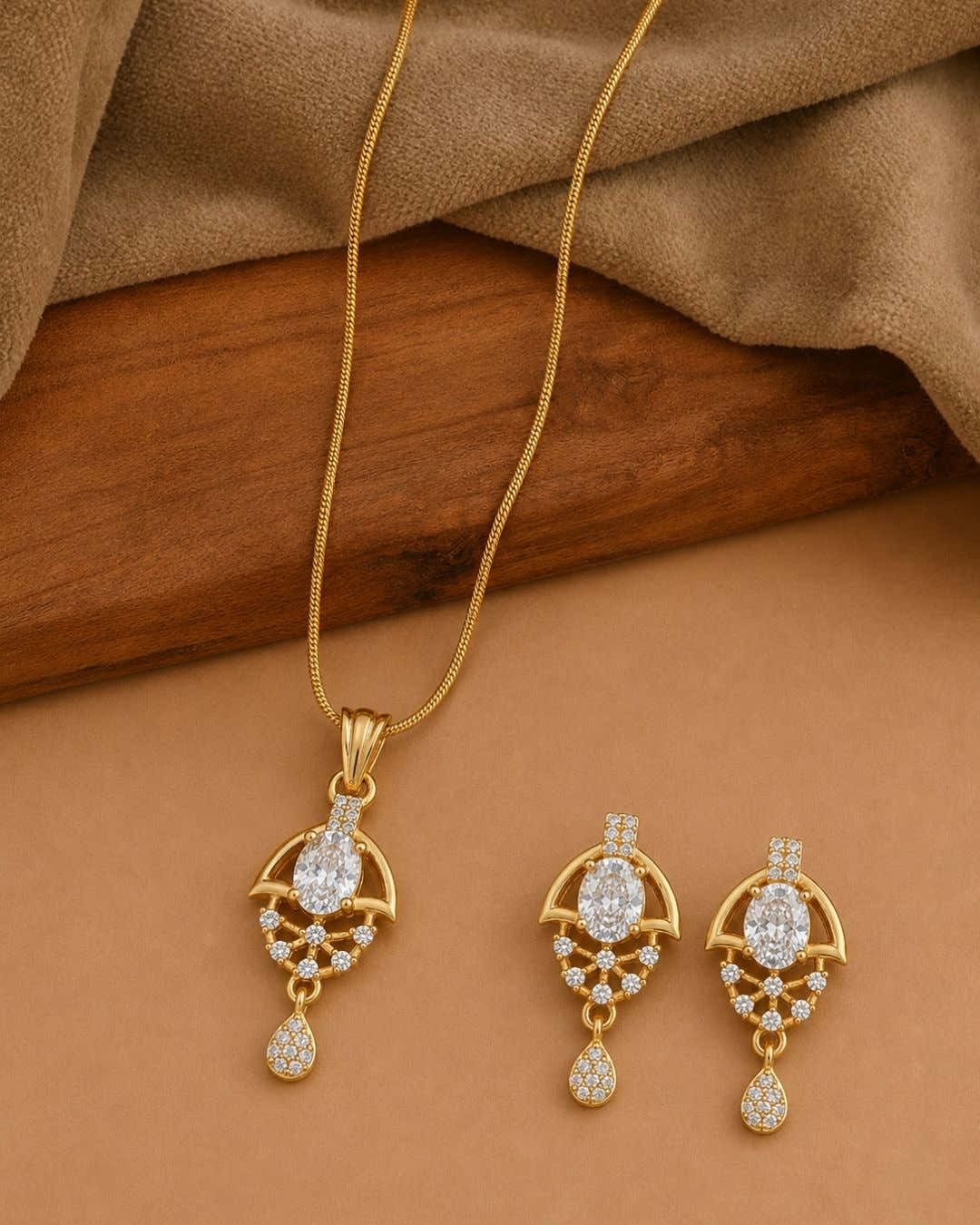 Oval Halo Gold Plated Wedding Jewellery Pendant Set