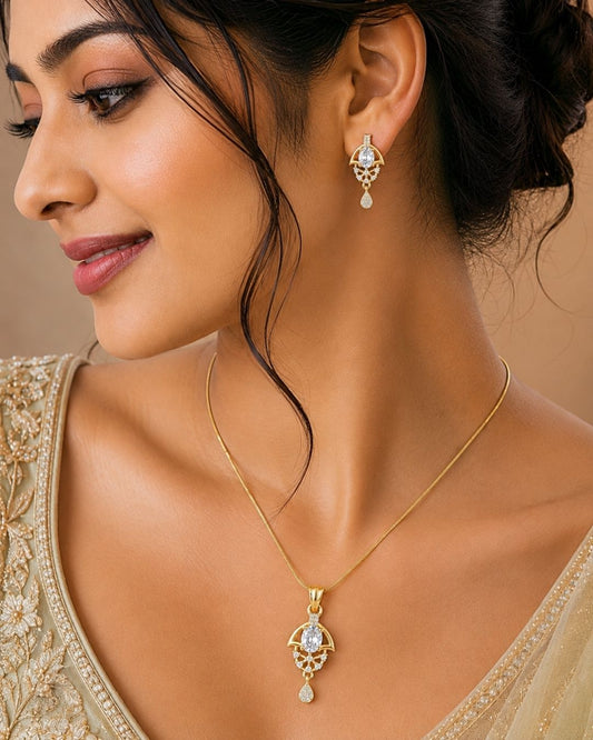 Oval Halo Gold Plated Wedding Jewellery Pendant Set