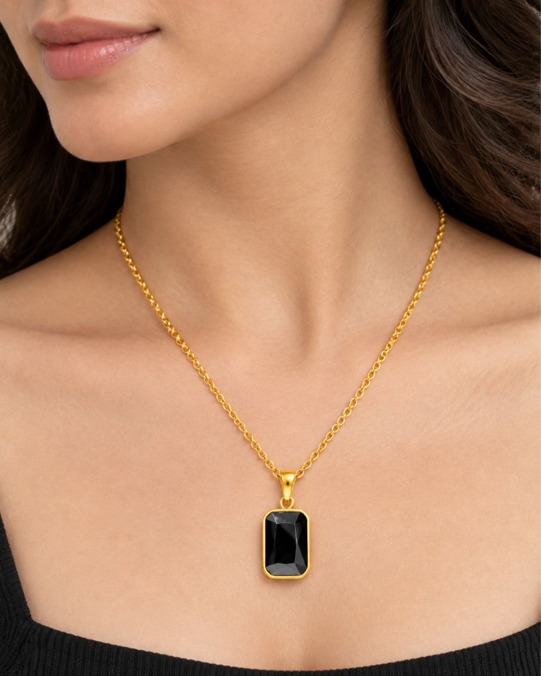 Black Rectangular Stone Pendant Necklace