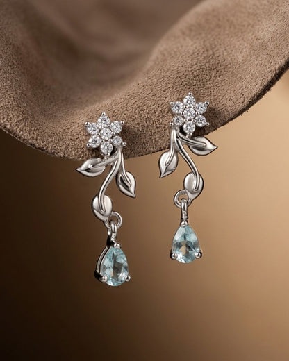 Silver Finish American Diamond Stud Earrings for Women with Blue Drop