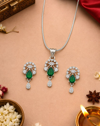 Emerald Bloom Silver Finish Wedding Jewellery Pendant Set