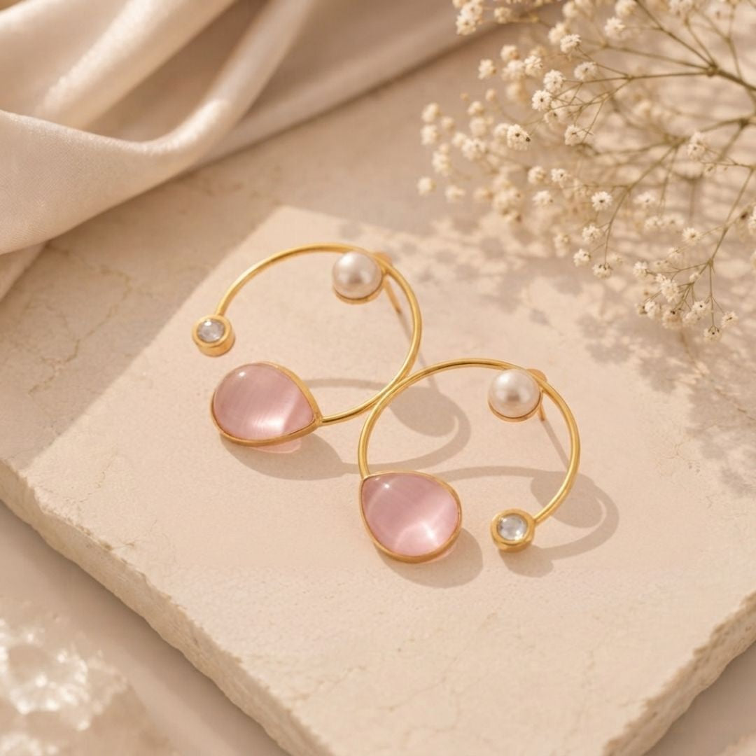 Gold Plated Handmade Pink Teardrop Hoop Earrings