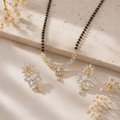 Floral Dual Tone American Diamond Black Beads Mangalsutra