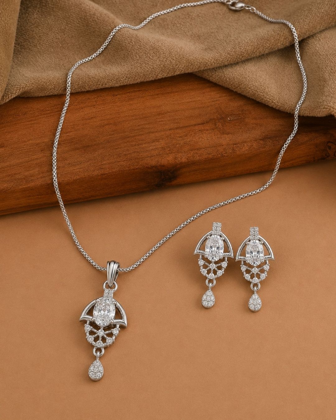 Oval Halo Silver Finish AD Pendant Set
