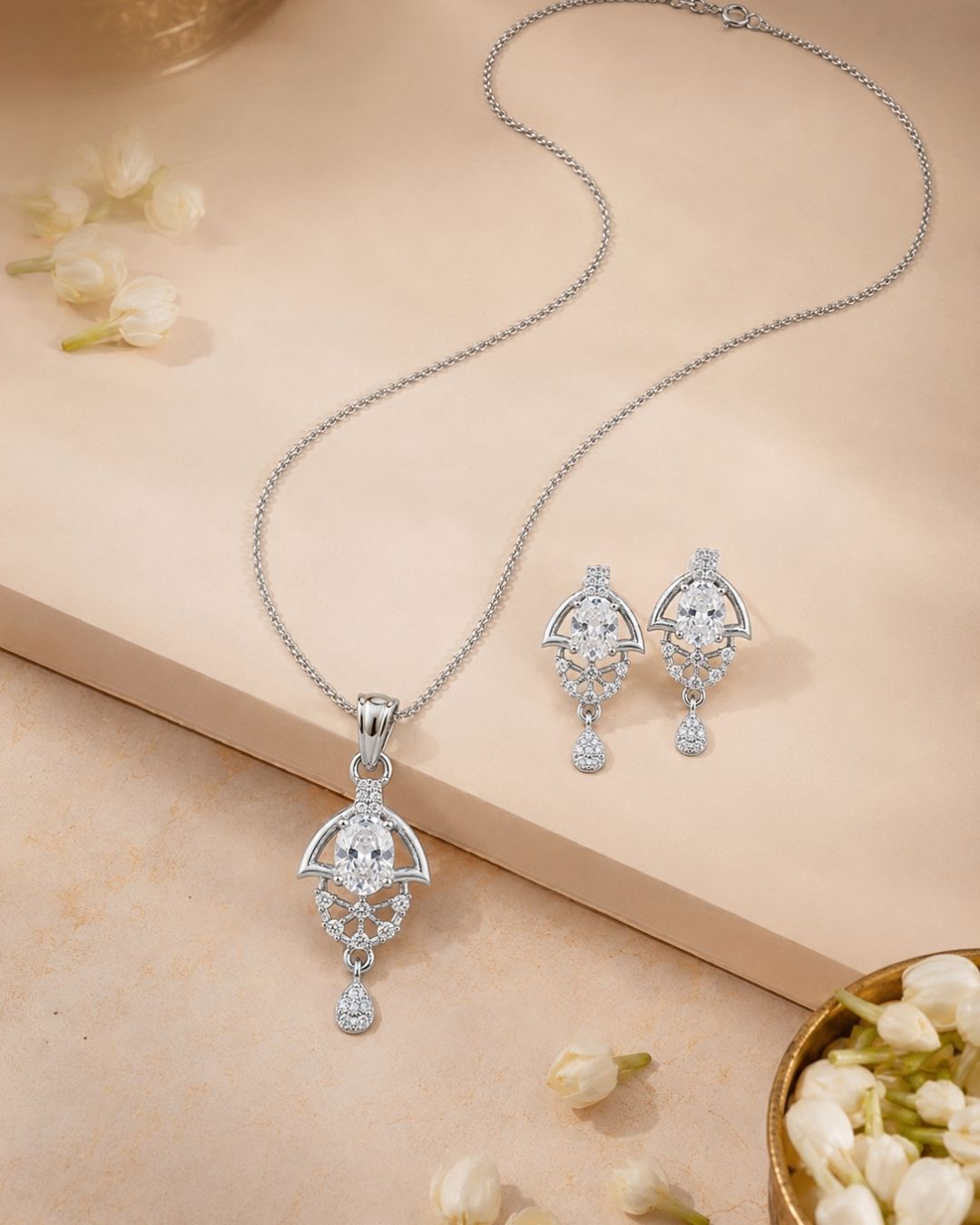 Oval Halo Silver Finish AD Pendant Set