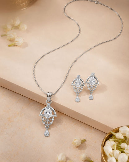 Oval Halo Silver Finish AD Pendant Set