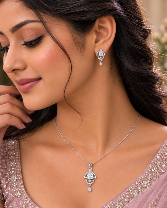 Oval Halo Silver Finish AD Pendant Set