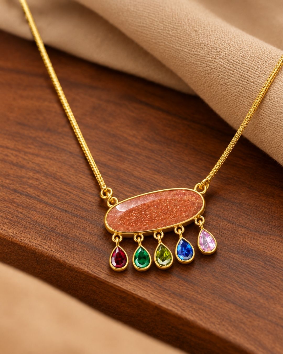 Peach Oval Centre Pendant with Colourful Drops