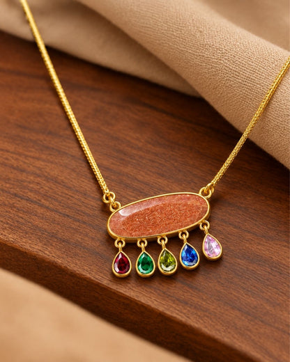 Peach Oval Centre Pendant with Colourful Drops