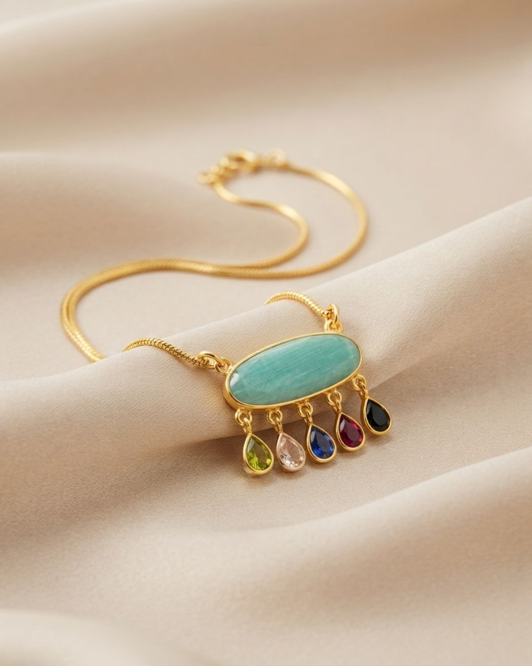 Oval Centre Stone Pendant with Colourful Drops