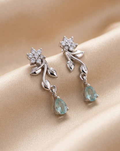 Silver Finish American Diamond Stud Earrings for Women with Blue Drop