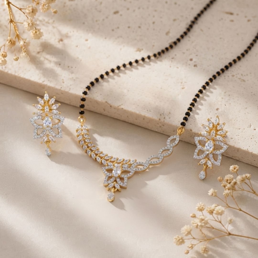 Floral Dual Tone American Diamond Black Beads Mangalsutra