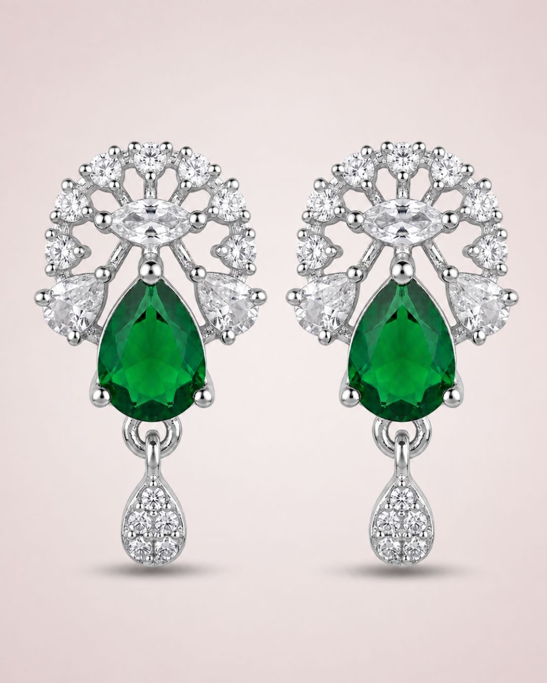 Emerald Bloom Silver Finish Wedding Jewellery Pendant Set