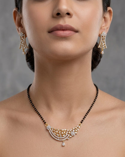 Gold Finish American Diamond Black Beads Designer Mangalsutra Set